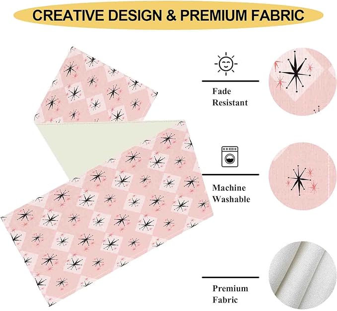 Pink Table Runner, Retro Mid Century 1950s Checkered Modern Abstract Geometric Coffee Table Center Decor for Home Kitchen Dining Patio Holiday Party Indoor Outdoor Table Decorations, 13"x90" Inch
