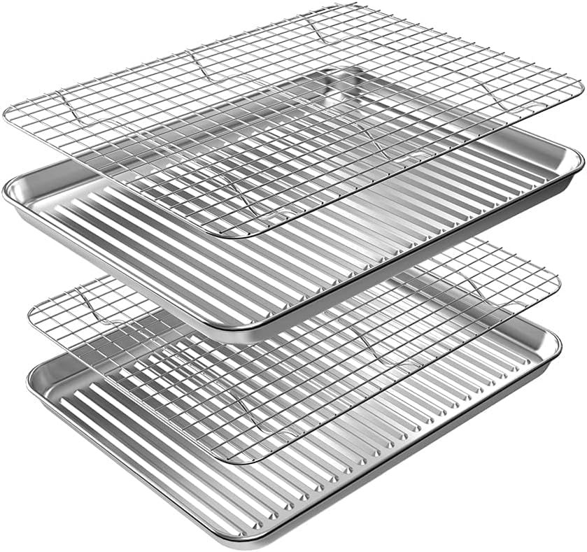 Quarter Baking Sheet Pan Cooling Rack Set, Stainless Steel 2 Pans + 2 Racks by Rottay