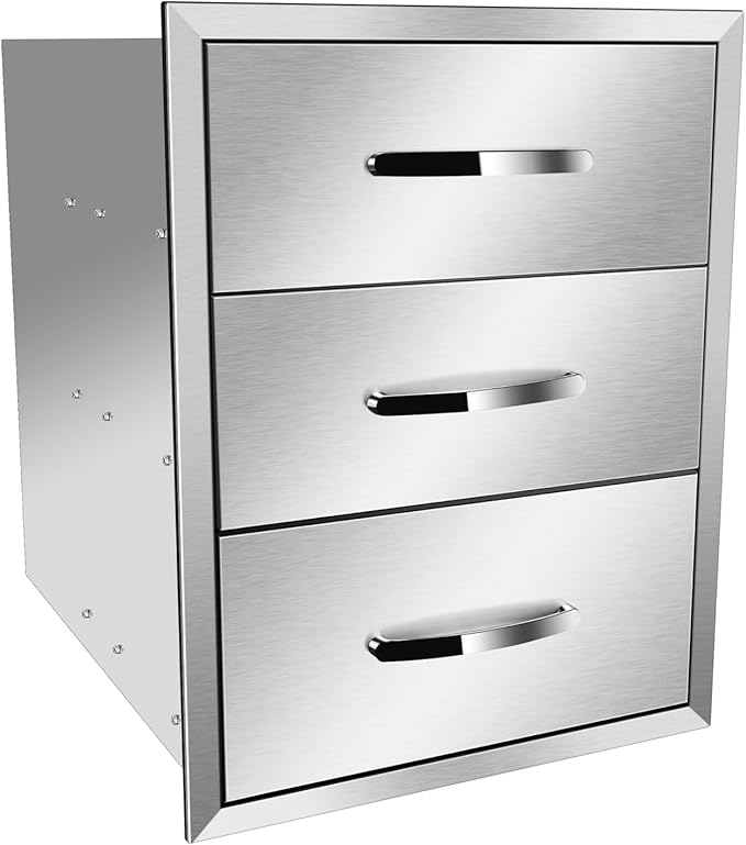 Outdoor Kitchen Stainless Steel Triple Access BBQ Drawers With Handle For BBQ Island Patio Grill Station,Three Drawers