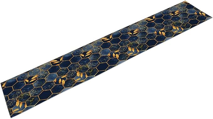 Marble Table Runner, Dark Blue Gold Modern Marble Leaf Aesthetic Geometric Table Runner for Indoor Home Living Room Party Dining Kitchen 13x90in