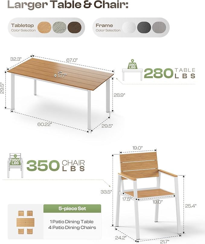 Patio Table and Chairs Set, 5 Piece Outdoor Dining Set with Umbrella Hole, HDPS + Aluminum Patio Furniture Set for Garden (White & Teak)