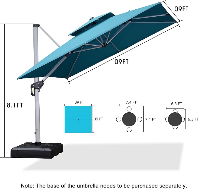 PURPLE LEAF Cantilever Outdoor Umbrella 9' x 9' Double Top, Turquoise Blue | - Image 9