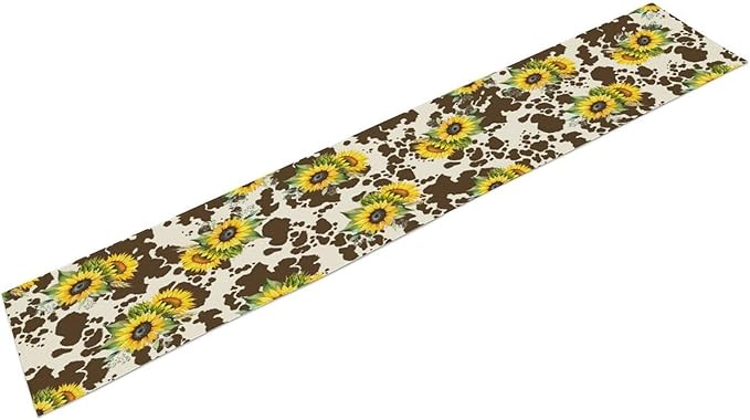 Cow Print Table Runner, Brown Sunflower Cow Print Animal Fur Skin Rustic Cowhide Pattern Table Runner for Kitchen Farmhouse Dining Home Outdoor 13x90in