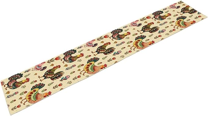 Rustic Farm Animal Table Runner, Vintage Rooster Boho Flowers Table Runner for Kitchen Dining Holiday Home Party 13x120in