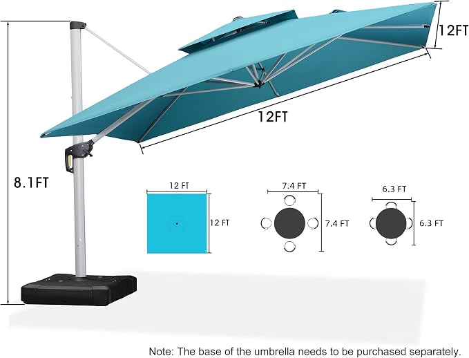 PURPLE LEAF Cantilever Patio Umbrellas 12' x 12' Large, Turquoise Blue | 35MPH - Image 9