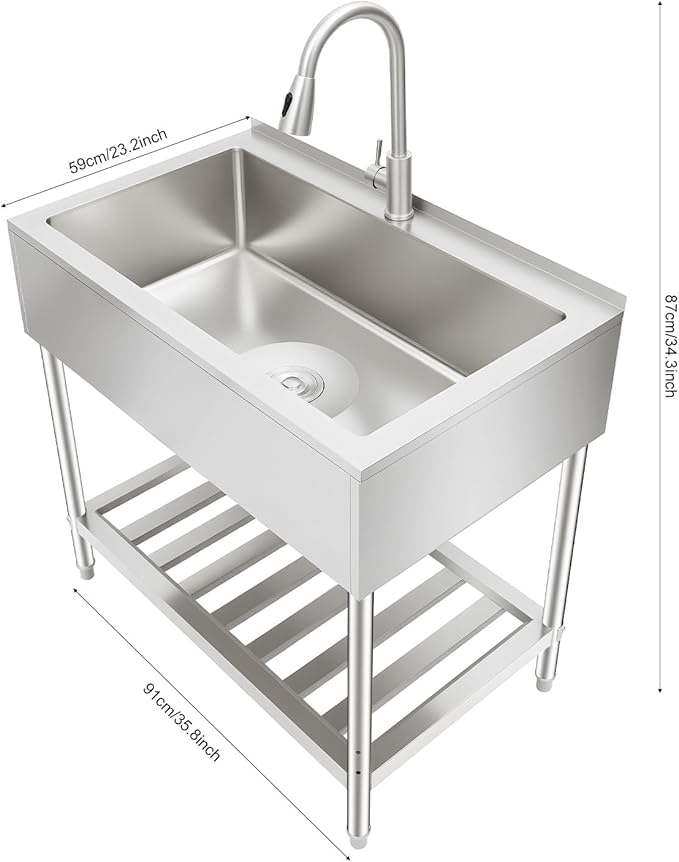 LOYALHEARTDY Stainless Steel Utility Sink 35.8" with Hose Hook Up ,Heavy-Duty Outdoor Sink Station for Laundry/Camping/Outdoor Kitchen, 201 SS Hand Washing Station & Kitchen Basin