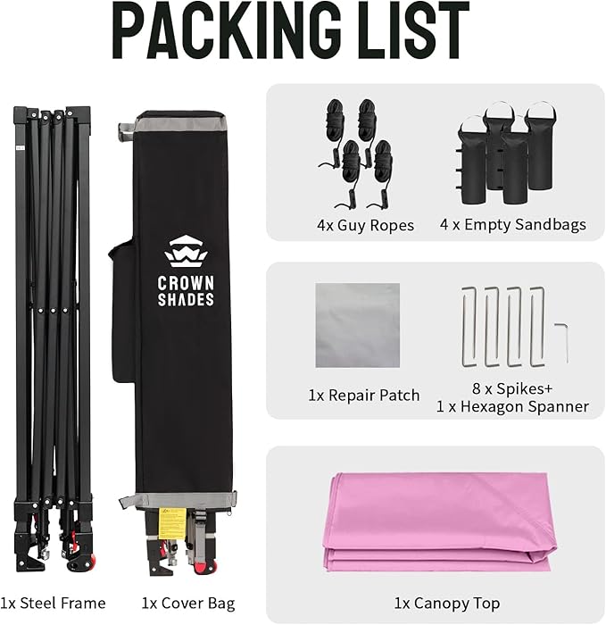 CROWN SHADES 10x10 Pop Up Canopy Tent - Patented Center Lock One Push Instant Outdoor Canopy Beach Tent with STO-N-Go Bag 8 Stakes & 4 Sand Bags,Pink