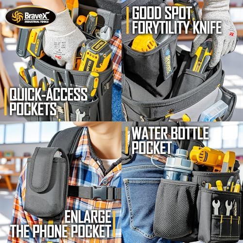 Bravex Tool Belt Suspenders, Tool Vest Pro Ultra 20 Bags H-Style Toolbelt 5 - Image 6