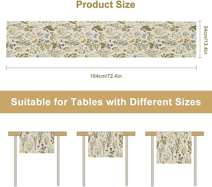 Vintage Wildflower Table Runner,Spring Floral Herbs Botanical Summer Butterfly Print Table Runner for Kitchen Dining Table Home Party Decor 13x108in