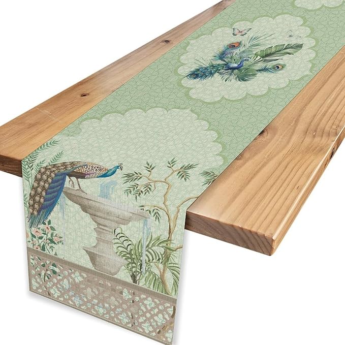 Blue Peacock Table Runner,Vintage Rustic Fountain Tropical Plant Peacock Feather Green Table Center Decor for Family Kitchen and Living Room Outdoor Farmhouse Party Table Decorations, 13"x72"