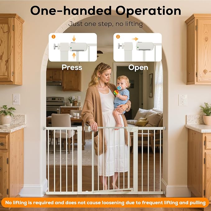 29.5-40.6" Baby Gate for Stairs, Pressure Mounted Dog Gate Indoor, Auto Close Pet Gate for Doorways No Drilling, Easy Install Baby Essentials with Large Walk Thru Door, White