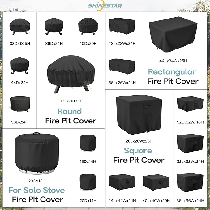 SHINESTAR Square Fire Pit Cover, Fits for 26-28 Inch Fire Table, Waterproof and Windproof, 28 x 28 x 25 Inches, Black