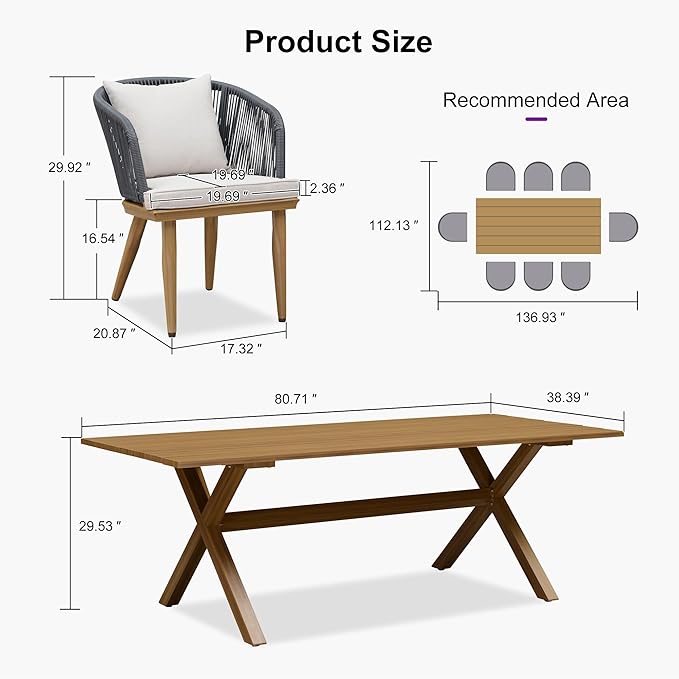 PURPLE LEAF 9 Pieces Patio Dining Set Wicker Outdoor Furniture Rectangular Table and Chairs Set for Garden Deck Teak-Finish Aluminum Frame Backyard Kitchen Set, Cushions and Pillows Included