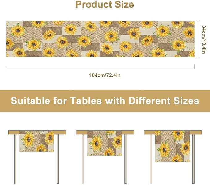 Farmhouse Sunflower Table Runner, Rustic Vintage Linen Patchwork Summer Yellow Floral Table Cover for Bithday Party Home Kitchen Dining Room Decor, 13x120inch