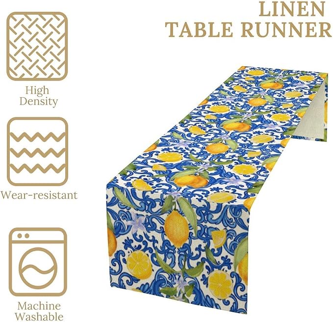 Rustic Lemon Table Runner,Vintage Morocco Blue Mediterranean Spring Summer Fruit Print Table Runner for Farmhouse Kitchen Dining Table Home Party Decor 13x70in