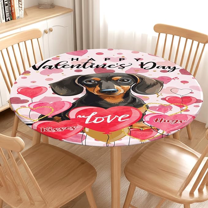Valentines Day Round Fitted Tablecloth with Elastic Pink Love Heart Dog Circle Table Cloth for 44-48" Tables Wipeable Waterproof Washable Valentine Puppy Table Cover for Picnic Dining Party Decor