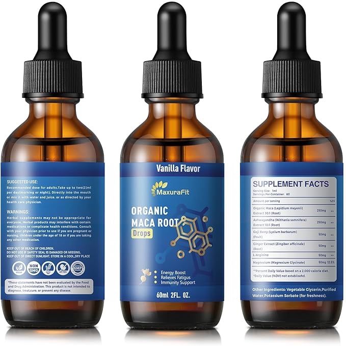 Maca Root Ashwagandha Liquid Drops - Maca and Ashwagandha Supplements with Goji Berry,Ginger Extract,L-Arginine and Magnesium Enhanced Energy 2 fl oz