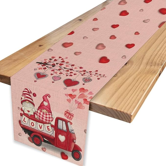 Valentines Day Table Runner,Pink Red Heart Gnomes Truck Balloon Valentines Runner for Table Seasonal Cute Decor for Indoor Outdoor Dining Table Decorations, 13"x108"