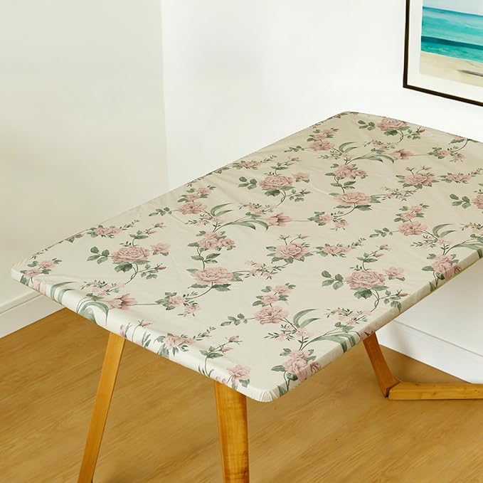 Rectangle Picnic Table Cloth, Elastic Waterproof Fitted Vinyl Tablecloths for 6 Foot Tables, Wipeable Flannel Backed Table Covers for Dining, Camping, Outdoor(Rose,30"x72")