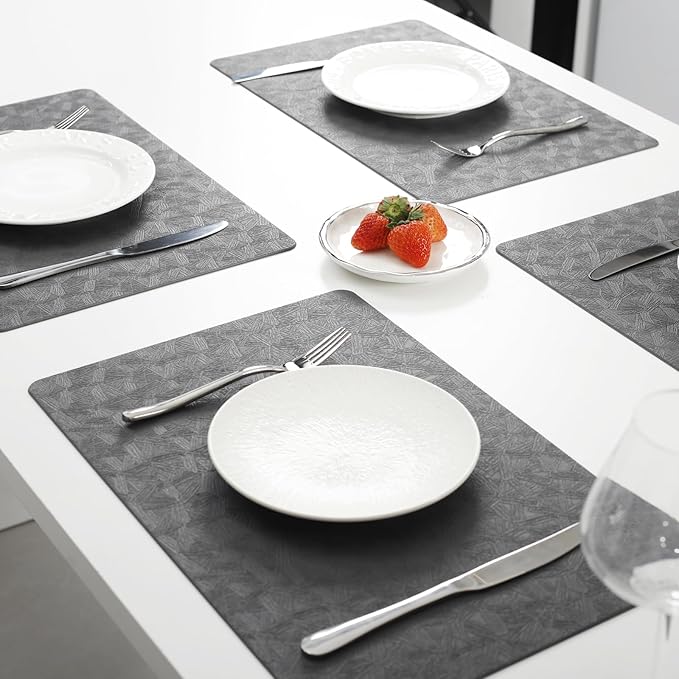 Vinyl Placemats Set of 12 Heat Resistant Easy Clean Non-Slip Place Mats for Dining Table. Faux Leather Waterproof Stain Resistant Wipeable Washable PU Table Mats(12, Gray)