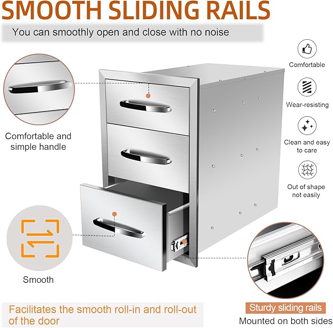 Outdoor Kitchen Stainless Steel Triple Access BBQ Drawers With Handle For BBQ Island Patio Grill Station,Three Drawers
