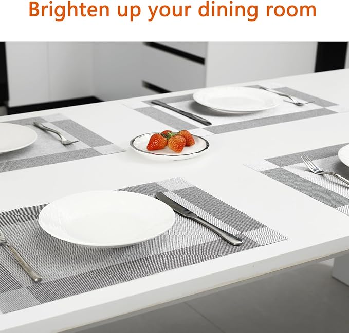 Placemats Set of 6 Washable&Wipeable Silver Place mats for Dining Table Kitchen Indoor Outdoor Table Mats Heat Resistant Non Slip Woven Vinyl Table Placemats (Grey,6PCS)