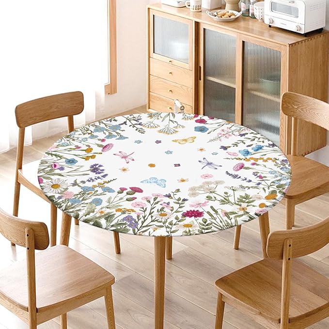 Spring Summer Floral Round Fitted Tablecloth with Elastic Wildflower Butterfly Circle Table Cloth for 44-48" Tables Wipeable Waterproof Farmhouse Easter Flowers Table Cover for Picnic Outdoor Dining