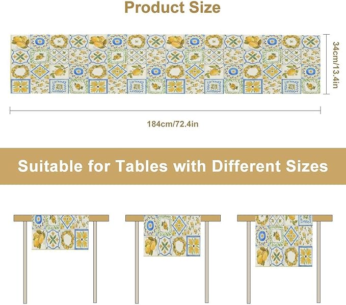 Yellow Lemon Summer Table Runner, Watercolor Spring Yellow and Blue Flower Hawaiian Style Table Runner for Holiday Party Home Kitchen Dining Table, 13x120inch