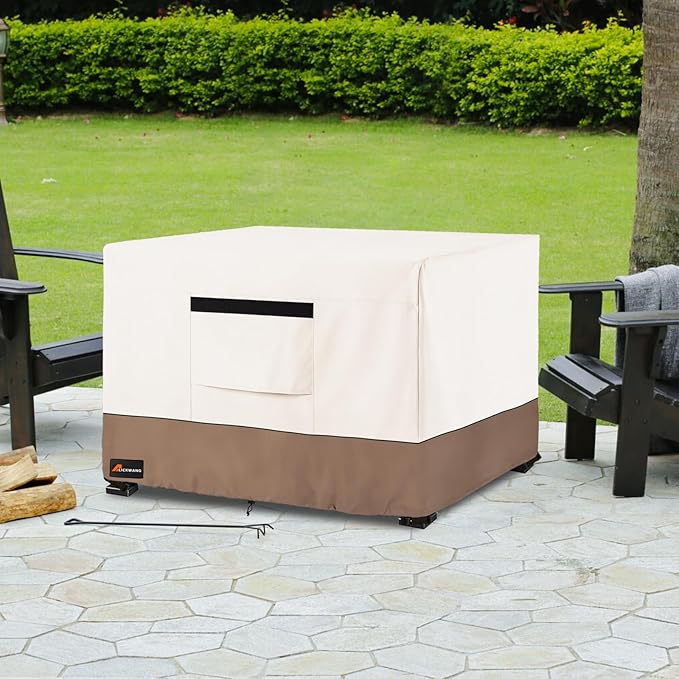 Fire Pit Cover Square, Outdoor Heavy Duty Durable 600D Tear-Resistant 100% Waterproof 30-32 Inch Fire Pit Cover, Patio Weatherproof Square Fire Table Protector, Beige 32" L x 32" W x 24" H