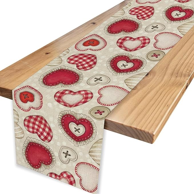 Red Heart Table Runner,Retro Rustic Beige Heart Buttons Polka Dot Valentines Decorations Decor for Family Kitchen and Living Room Outdoor Farmhouse Party Table Decorations, 13"x72"