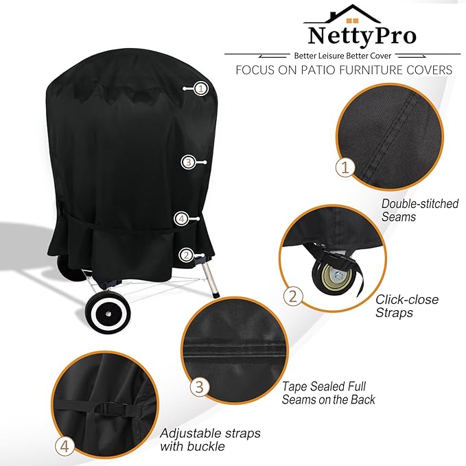 NettyPro Charcoal Kettle Grill Cover 18 inch for Weber, Heavy Duty Waterproof Outdoor Round Smoker Cover, Fade and UV Resistant Small BBQ Grill Cover, 23" W x 21" D x 35" H, Black