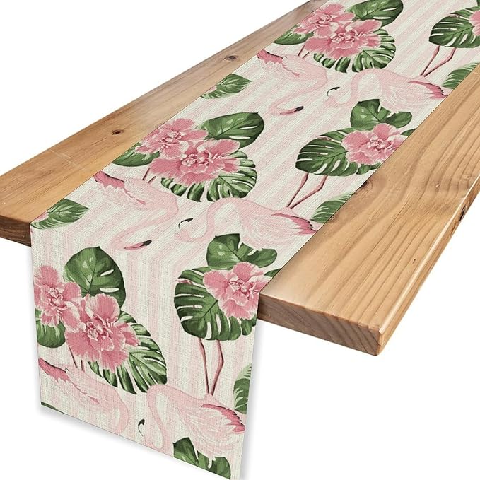 Tropical Table Runner,Retro Flamingo Hawaii Summer Palm Leaves Flower Stripes Table Center Decor for Family Kitchen Living Room Outdoor Farmhouse Party Table Decorations, 13"x36"