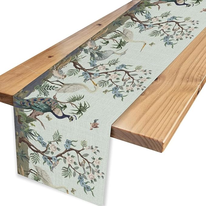 Blue Peacock Table Runner,Rustic Light Blue Crane Floral Branch Table Center Decor for Home Dining Kitchen Patio Holiday Party Indoor Table Decorations, 13"x36"