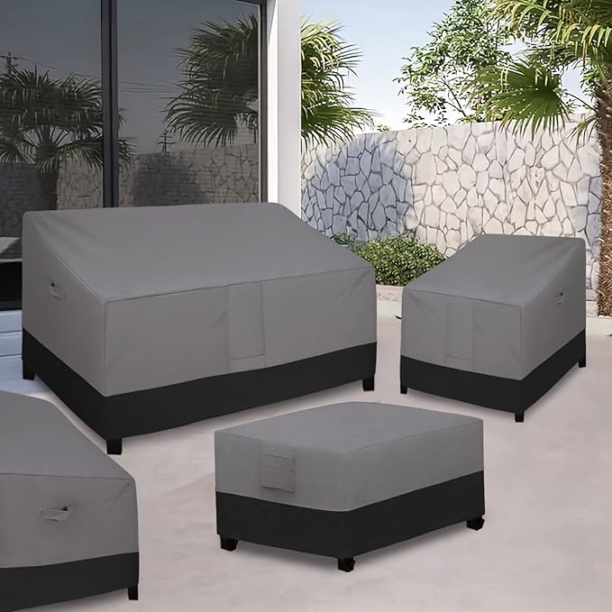 Easy-Going Patio Coffee Table Cover Small Outdoor Rectangular Table Cover, UV Resistant Waterproof Patio Furniture Ottoman Cover (36" Lx22 Wx16 H, Gray/Black)