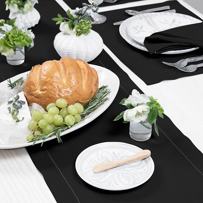 Solino Home Linen Black Table Runner 108 Inches Long - 100% Pure Linen 14 x 108 Inch Table Runner for Winter, Spring, Easter - Classic Hemstitch