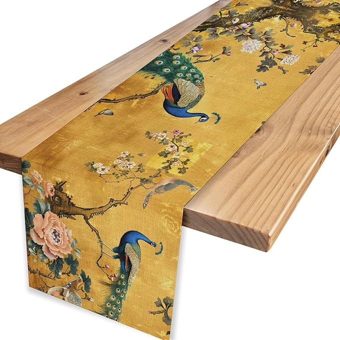 Peacock Table Runner,Golden Vintage Asian Chinese Style Peony Floral Branch Table Center Decor for Family Kitchen and Living Room Outdoor Farmhouse Party Table Decorations, 13"x72"