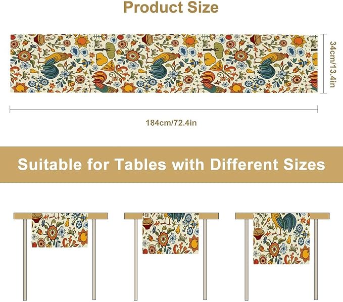 Farm Animal Table Runner, Boho Folk Style Country Rustic Farmhouse Rooster Flower Print Table Runner for Home Kitchen Dining Holiday Decor, 13x60inch