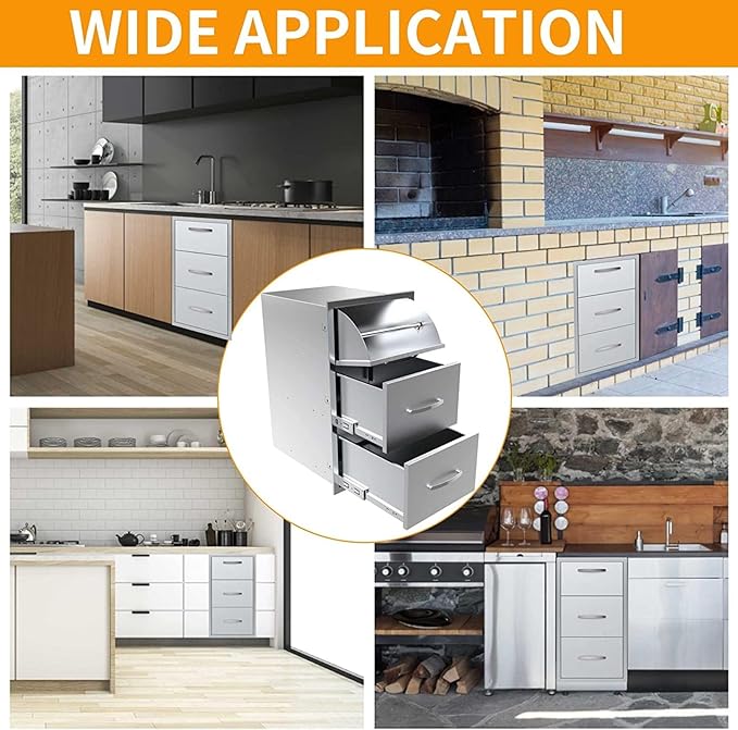 Pull Out Trash Drawer, Lower Sliding Rails Stainless Steel Roll Out Trash Bin Pull Out Tray With Handle For Outdoor Kitchen BBQ Island Grill Station,Three Drawers