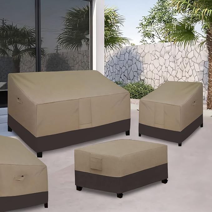 Easy-Going Patio Coffee Table Cover Small Outdoor Rectangular Table Cover, UV Resistant Waterproof Patio Furniture Ottoman Cover (36" Lx22 Wx16 H, Camel/Dark Brown)