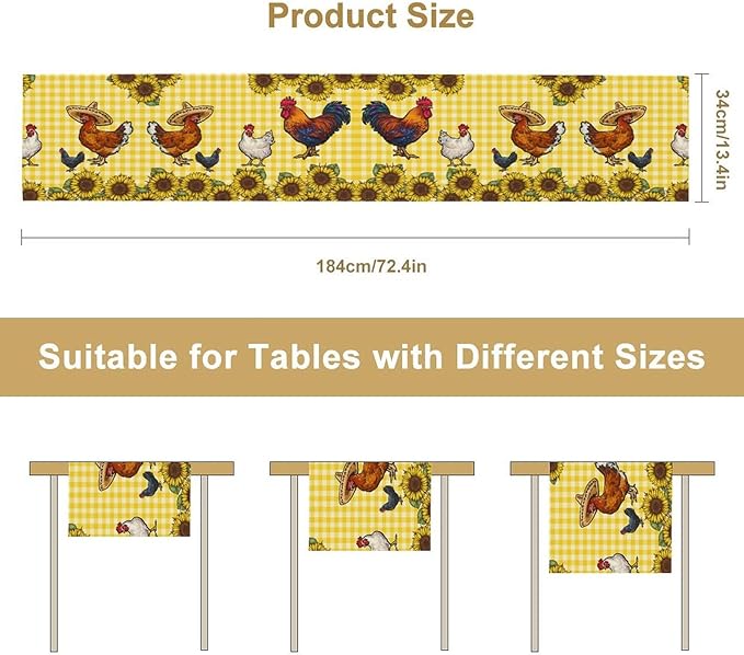 Farm Rooster Table Runner, Retro Western Farmhouse Chicken Sunflower Retro Yellow Buffalo Grid Print Table Runner for Dinning Holiday Party Indoor Outdoor Decor, 13x90inch