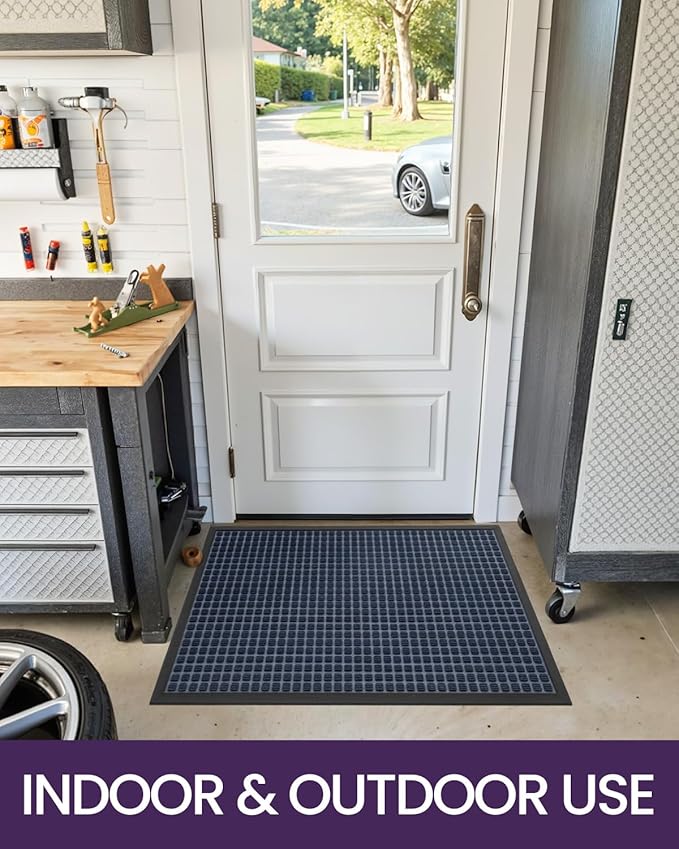 DEXI Front Door Mat Outside Entrance, 4x6 ft Large Rubber Entry Doormat Heavy Duty, Welcome Mats Non Slip for Inside House Floor Entryway Double Doors Exterior Patio, Squares Blue