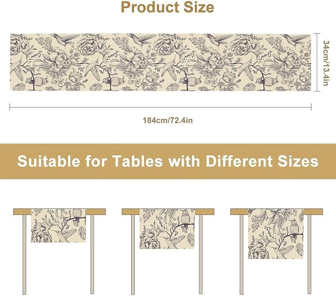 Retro Floral Bird Table Runner,Vintage Boho Rose Flower Birds Table Runner for Kitchen Dining Table Holiday Farmhouse Home Party Decor 13x70in