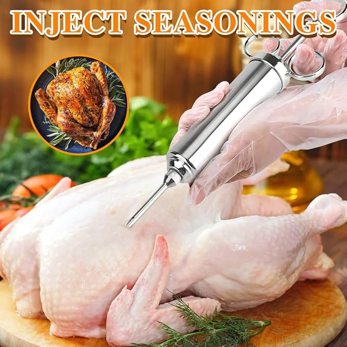 304-Stainless Steel Meat Injector Syringe Kit with 3 Marinade Needles for BBQ Grill Smoker, Turkey, Beef, Brisket, Fish, 2-oz Large Capacity, Silicone Brush and Cleaning Brush