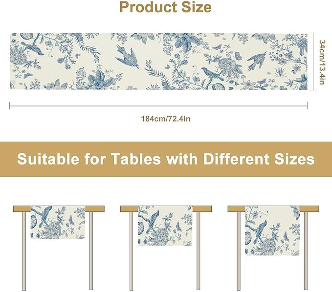 Spring Flower Table Runner, Farmhouse Vintage Blue White Floral Bird Print Table Runner for Kitchen Dining Table Party Wedding Decor, 13x120inch