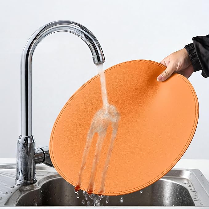 Round Vinyl Orange Placemats Set of 6, Faux Leather Waterproof Wipeable Heat Resistant Place Mats, Washable Table Mats for Halloween, Thanksgiving & Christmas Dinner(Orange)
