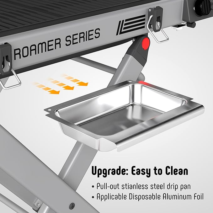 Portable Propane Gas Grill with Folding Cart & 13000 BTUs Burner, 360 Sq. In. Cast Iron Cooking Grates, Side Table, 8" Wheels, Stainless Grease Tray, Grey. Includes Propane Adapter Hose