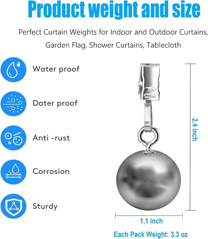 12 Pack Outdoor Curtain Weights, Heavy Duty Drapery Clips for Patio Pergola Cabana Gazebo, Stainless Steel Down Curtain, Garden Flag, Shower Curtains, Tablecloth, Useful Ball