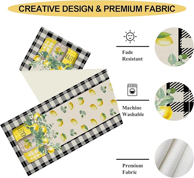 Lemon Table Runner, Farmhouse Black Buffalo Plaid Seasonal Summer Spring Fruits Lemon Coffee Table Center Decor for Home Kitchen Dining Party Patio Indoor Outdoor Table Decorations, 13"x90" Inch