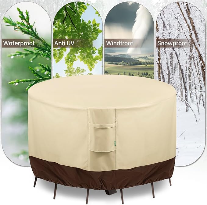 Round Patio Furniture Covers, 96" DIA x 28 H Waterproof Outdoor Furniture Cover for Patio Table & Chair Sets, 600D Heavy-duty UV-Resistant Fade-Proof Protection, Beige & Brown