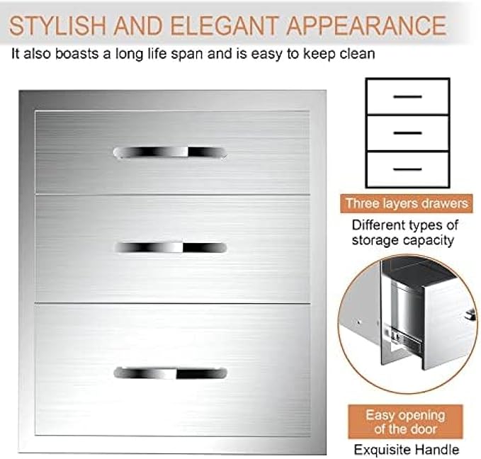 Stainless Steel Outdoor Kitchen Drawers - 3-Drawer BBQ Drawer, Built-in, Flush Mount for Outdoor Kitchens & BBQ Islands, 18Wx23Dx23H-3L